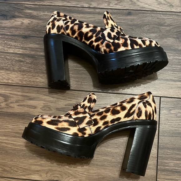 New Gianni Bini Leopard Faux Calf Hair Lug Sole Chunky Block Platform Heel Shoes - Picture 2 of 10